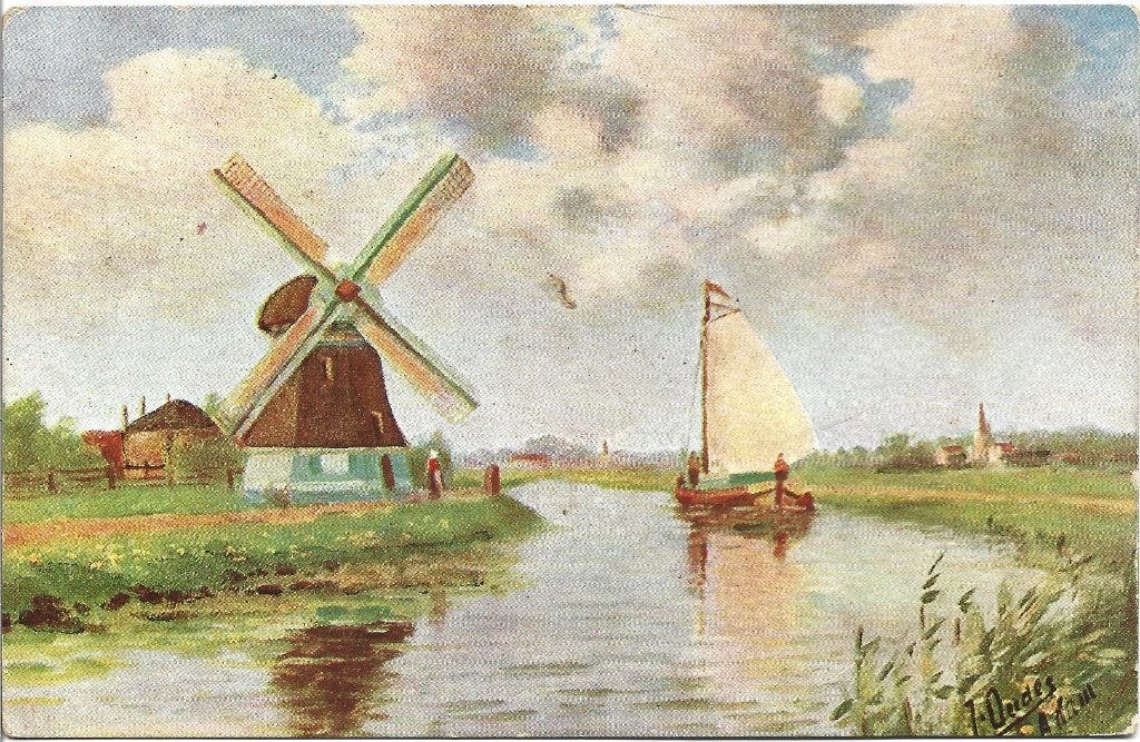 Holland,s Landschap met Molen-illustrator J.Oudes - oud, Ophalen of Verzenden, 1920 tot 1940, Gelopen, Overige thema's