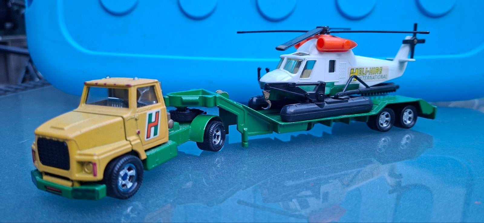 Vintage Matchbox Truck met Helikopter Trailer BIEDEN, Ophalen of Verzenden, Gebruikt