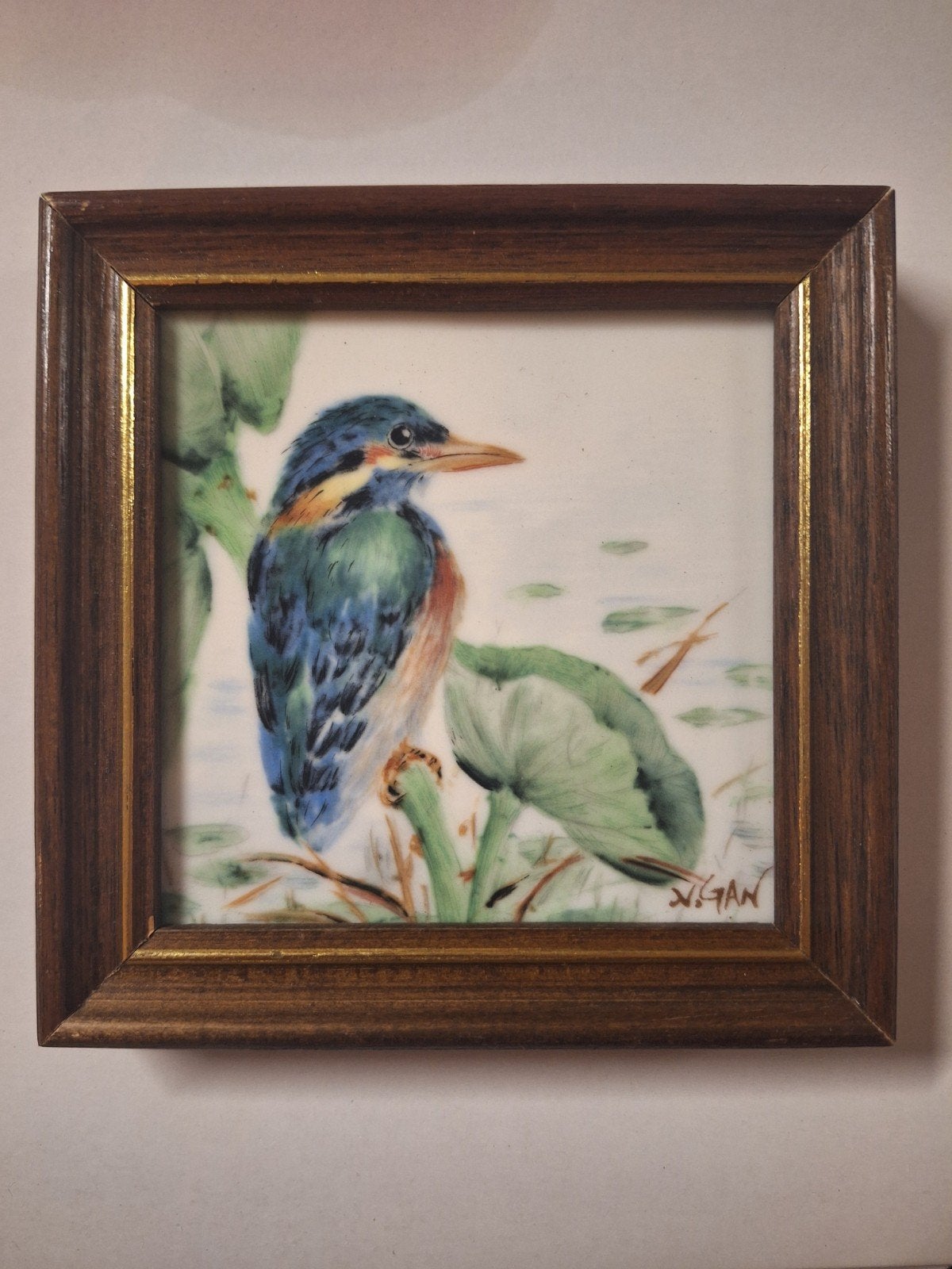 Gesigneerde tegel met ijsvogel in lijst, Ophalen of Verzenden