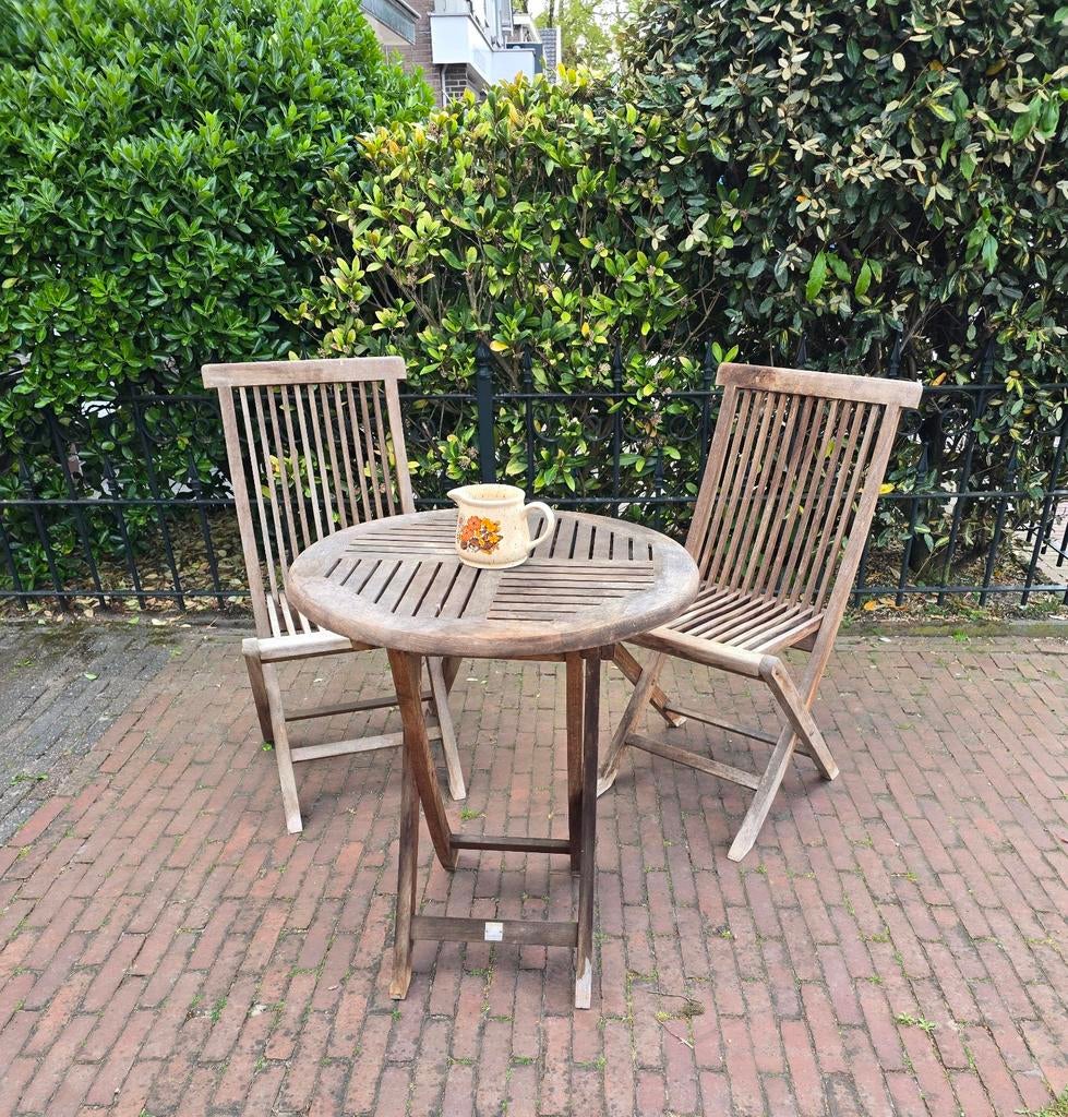 Teakhouten ronde tafel + 2 teak stoelen GARDEN IMPRESSION, Tuin en Terras, Ophalen, Gebruikt, Teakhout, Nvt