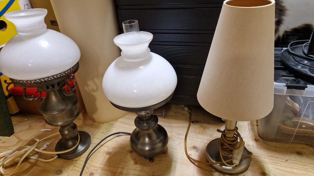 brocante tafellampen met tinnen ? voet, Ophalen of Verzenden, Gebruikt, Glas