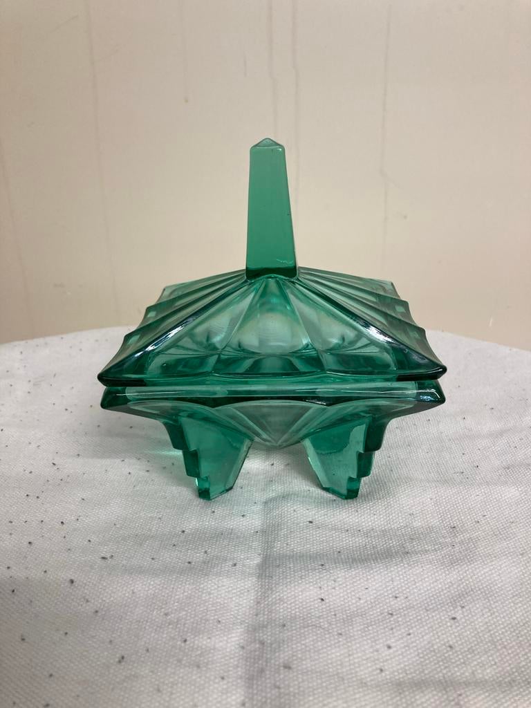 Vintage Art Deco Glazen Schaaltje met Deksel - Groen, Ophalen of Verzenden