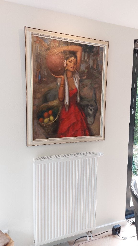 Romantisch olieverfschilderij: Vrouw met ezel en fruitmand, Ophalen, Doek, Portret of Personen, Olieverf