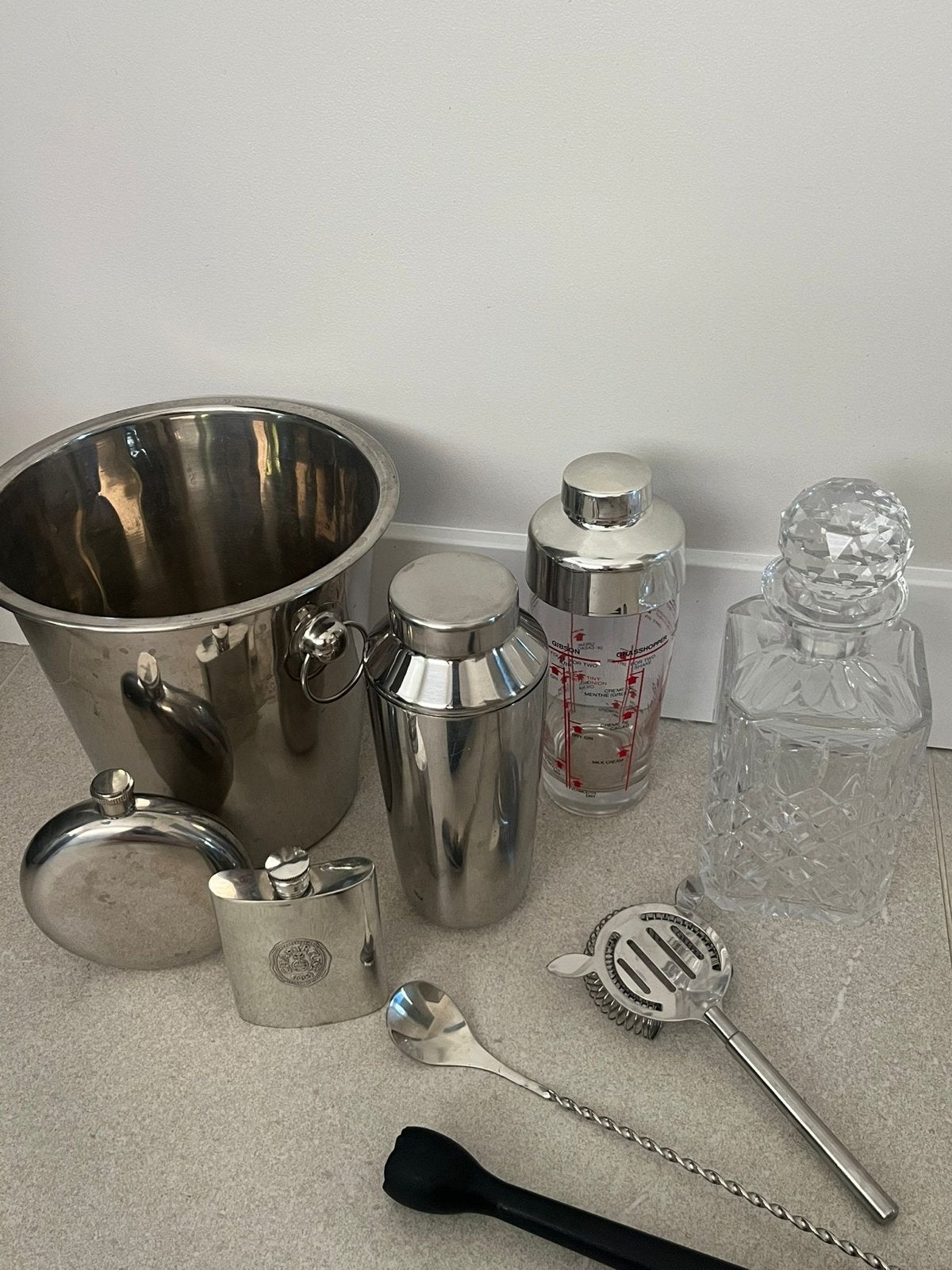 Cocktail set, kristallen decanter, champagne/wijn koeler, Flessenkoeler, Gebruikt, Zilver, Ophalen of Verzenden