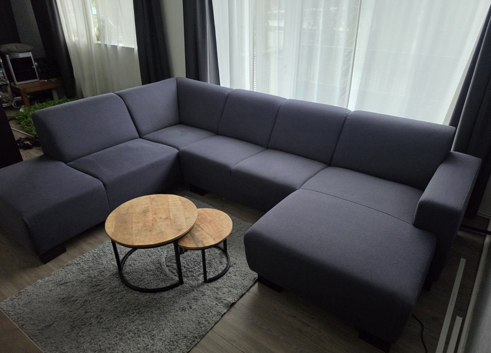 Nette grote donkerblauwe bank in U-Vorm, Ophalen, Gebruikt, Stof