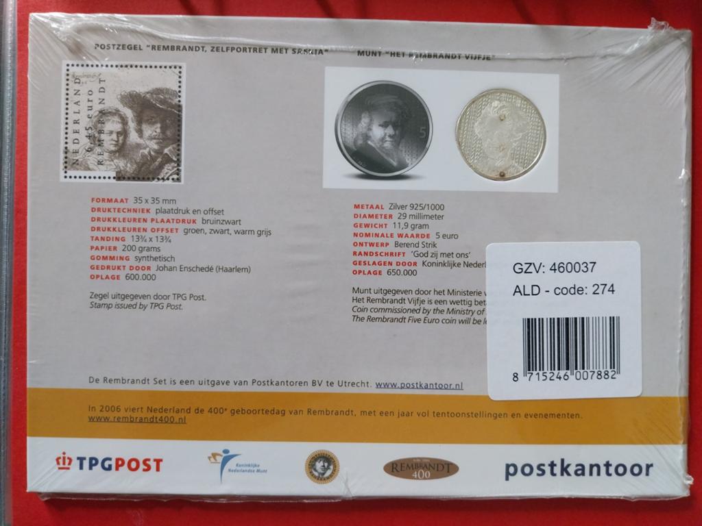 Rembrandt Vijfje met postzegel 11.9 gr, Postzegels en Munten, Munten | Nederland, Setje, Koningin Beatrix, Zilver, Euro's