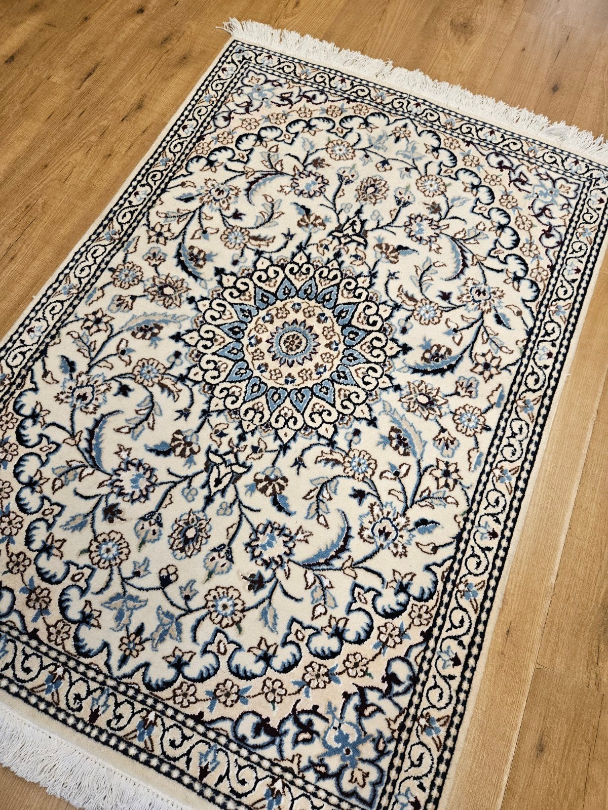 Vintage handgeknoopt perzisch tapijt nain 9la 141x88, Info@SlatsAntiek.nl, Tweedehands, Blauw, 100 tot 150 cm