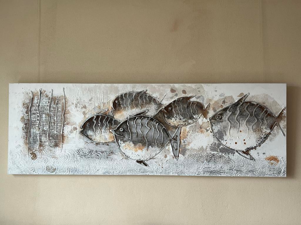 Groot rechthoekig canvas schilderij met vissen, Ophalen