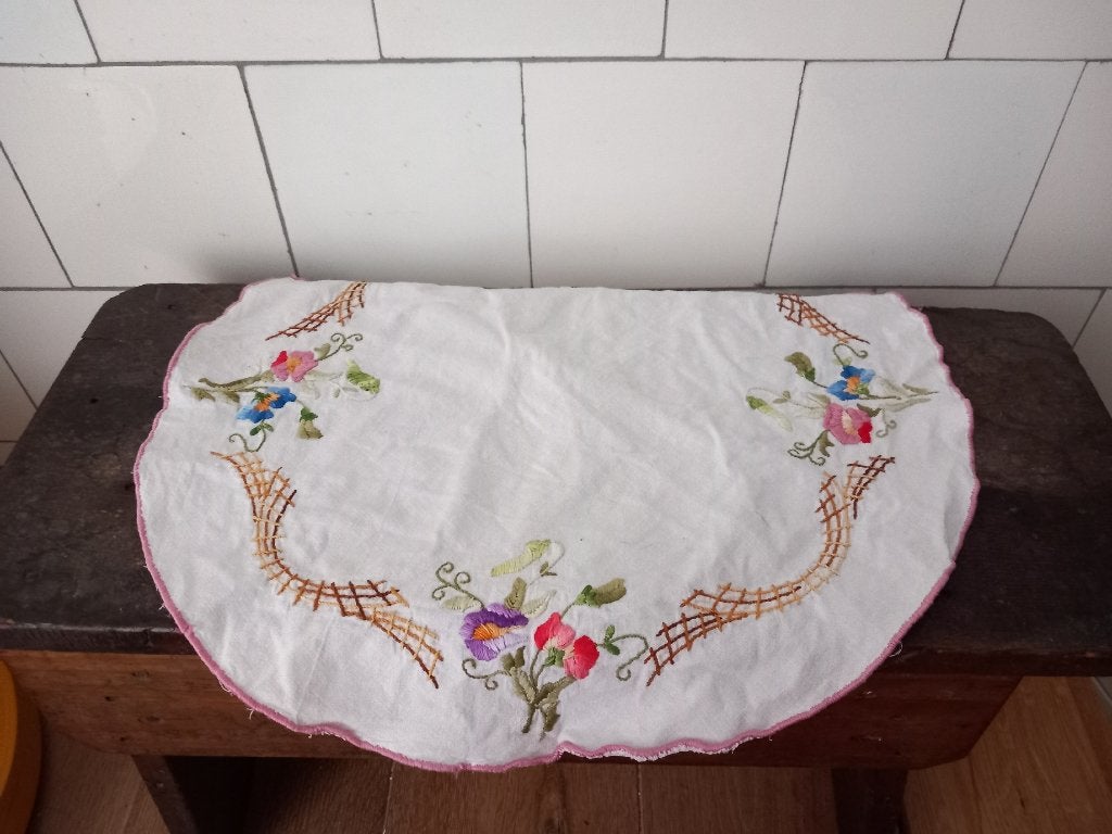 vintage Frans borduurwerk brocante decoratie kleedje bloem, Ophalen of Verzenden