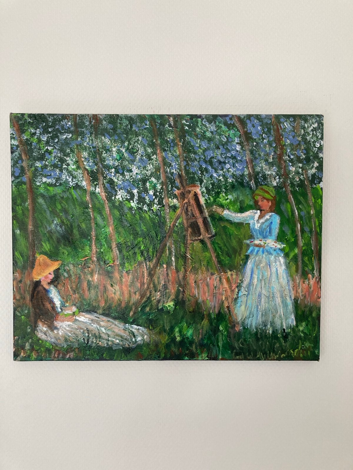 Schilderij: Vrouwen in het bos, impressionistische stijl, Antiek en Kunst, Acrylverf, Doek, Portret of Personen, Impressionistisch