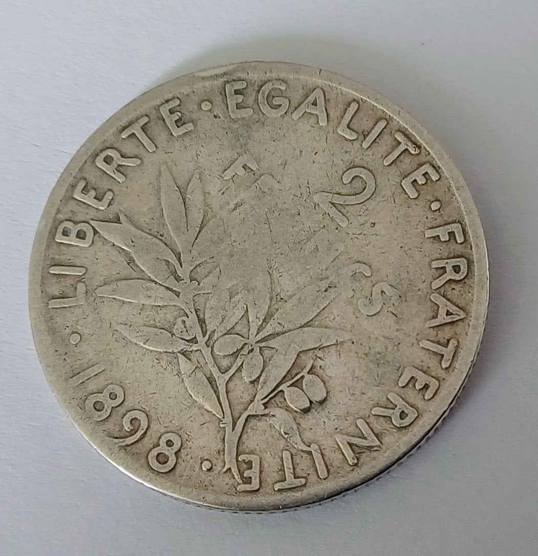 Franse zilveren 2 frank munt 1898 – Semeuse / Zaagster, Ophalen, Frankrijk, Zilver
