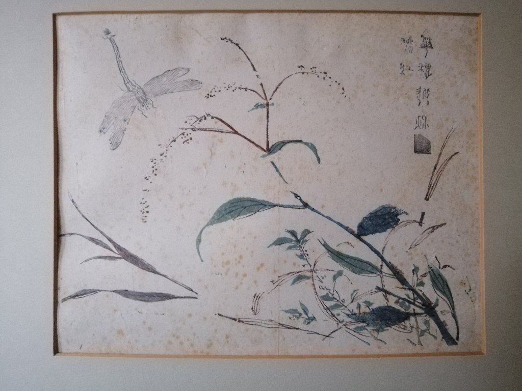 Japanse houtsnede bloesemtak met insect, 1800 - 1899, Ophalen of Verzenden, Flora en Fauna, Houtsnede
