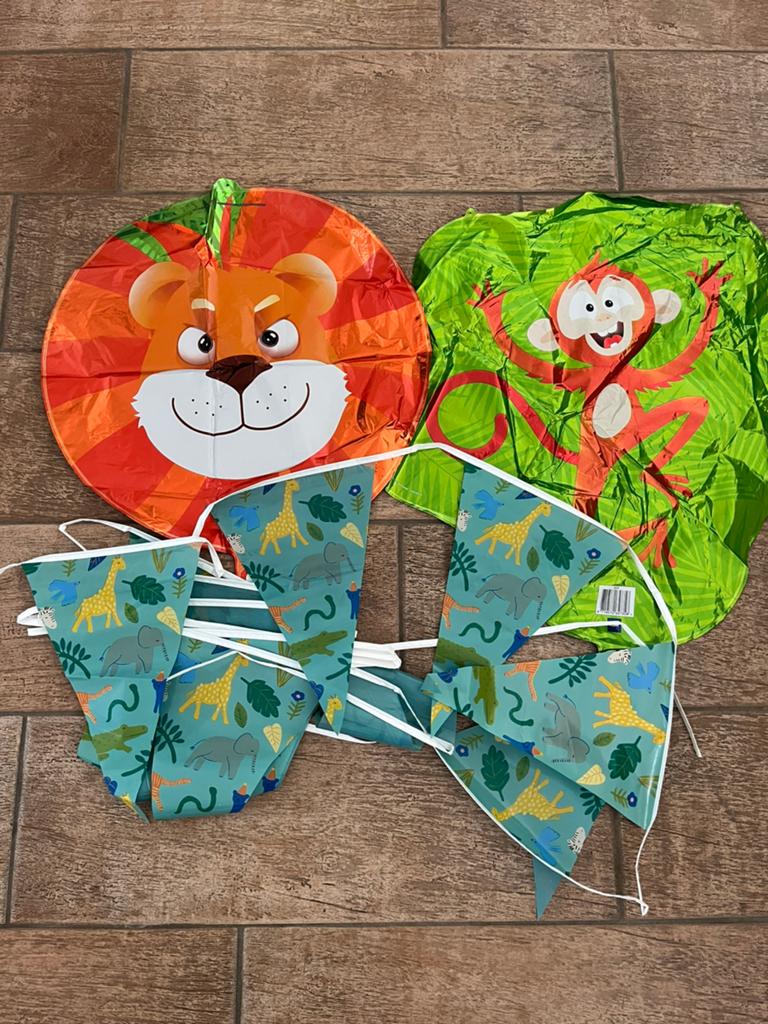 Jungle verjaardagsslinger en 2 folieballonnen, Ophalen of Verzenden, Zo goed als nieuw, Versiering, Verjaardag