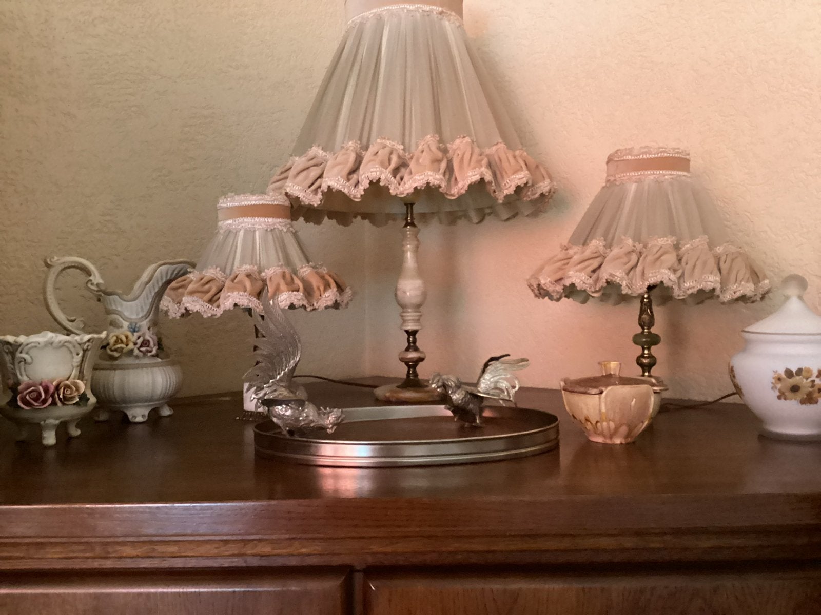 Set van 3 Brocante Tafellampjes met Kanten Kappen, Ophalen of Verzenden