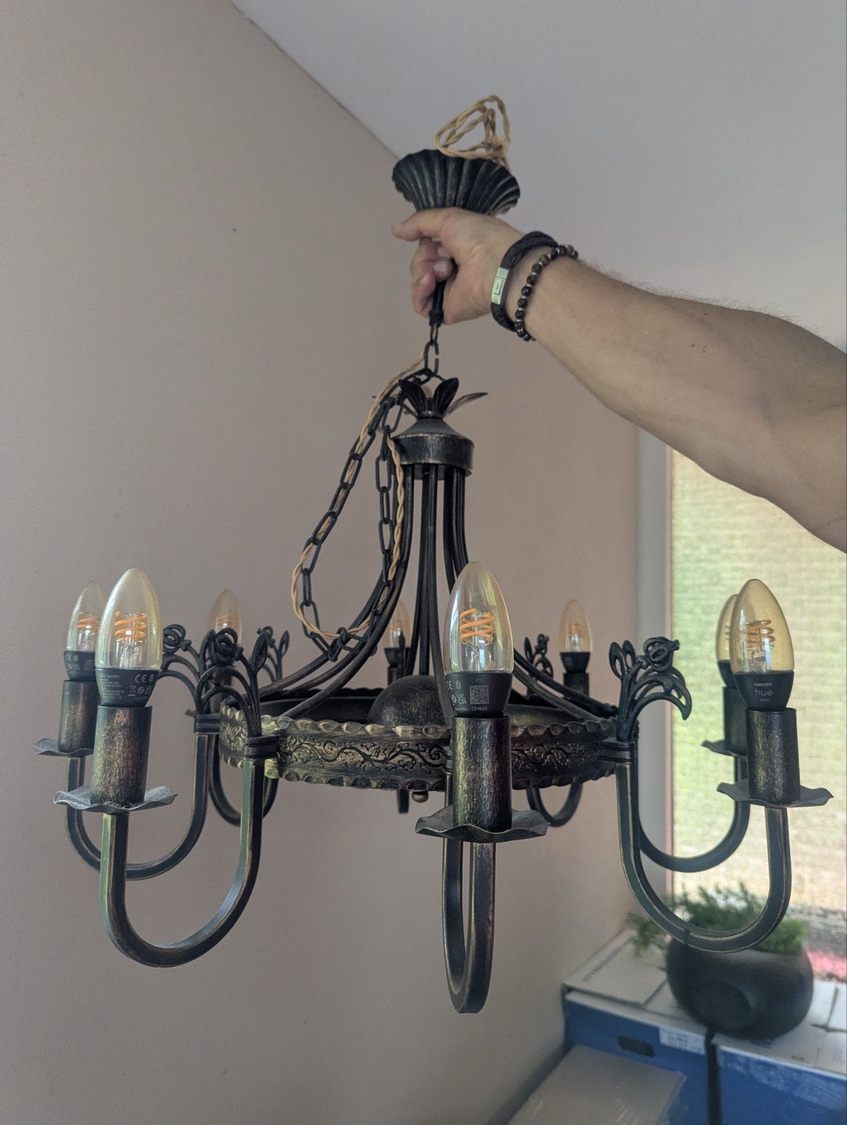 Handgemaakte bronzen kroonluchter, Ophalen, Gebruikt, E14 (klein), Metaal