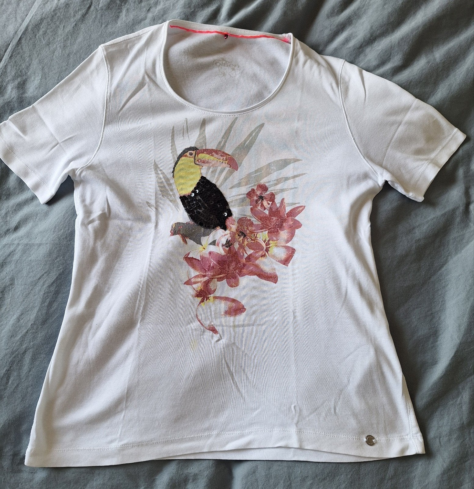 Olsen T-shirt met toekanprint en pailletten, Maat 38/40 (M), Olsen, Wit, Ophalen of Verzenden