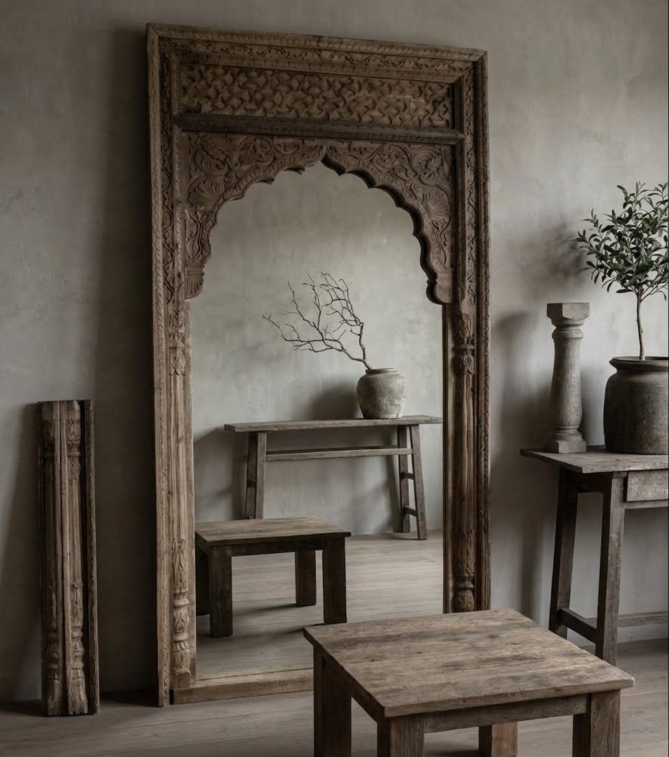 Grote spiegel met houtsnijwerk uit India, 110x214 cm, Ophalen