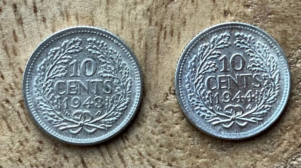 10 cent 1943 EP en 1944 EP Wilhelmina, Ophalen, Setje, Zilver, 10 cent