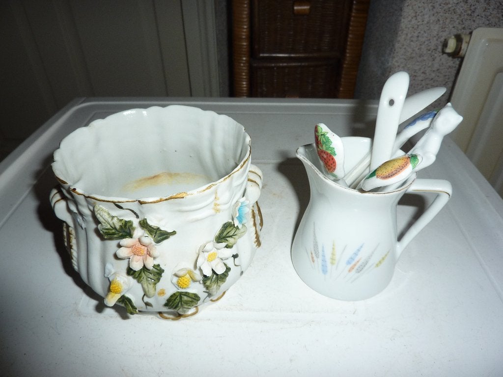 vintage porceleinen potje met lepeltjes, Verzamelen, Ophalen of Verzenden, Zo goed als nieuw, Porselein, Overige typen