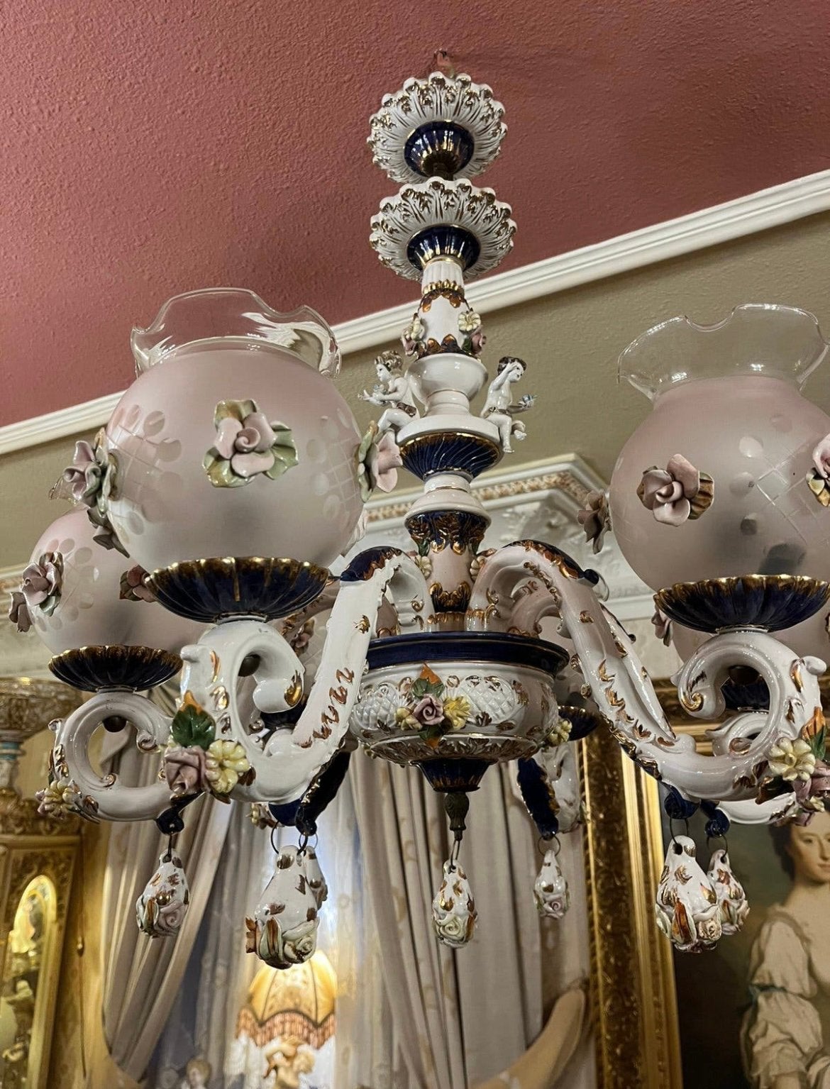 Puntgaaf groot porselein lamp met engelen, Ophalen, Zo goed als nieuw