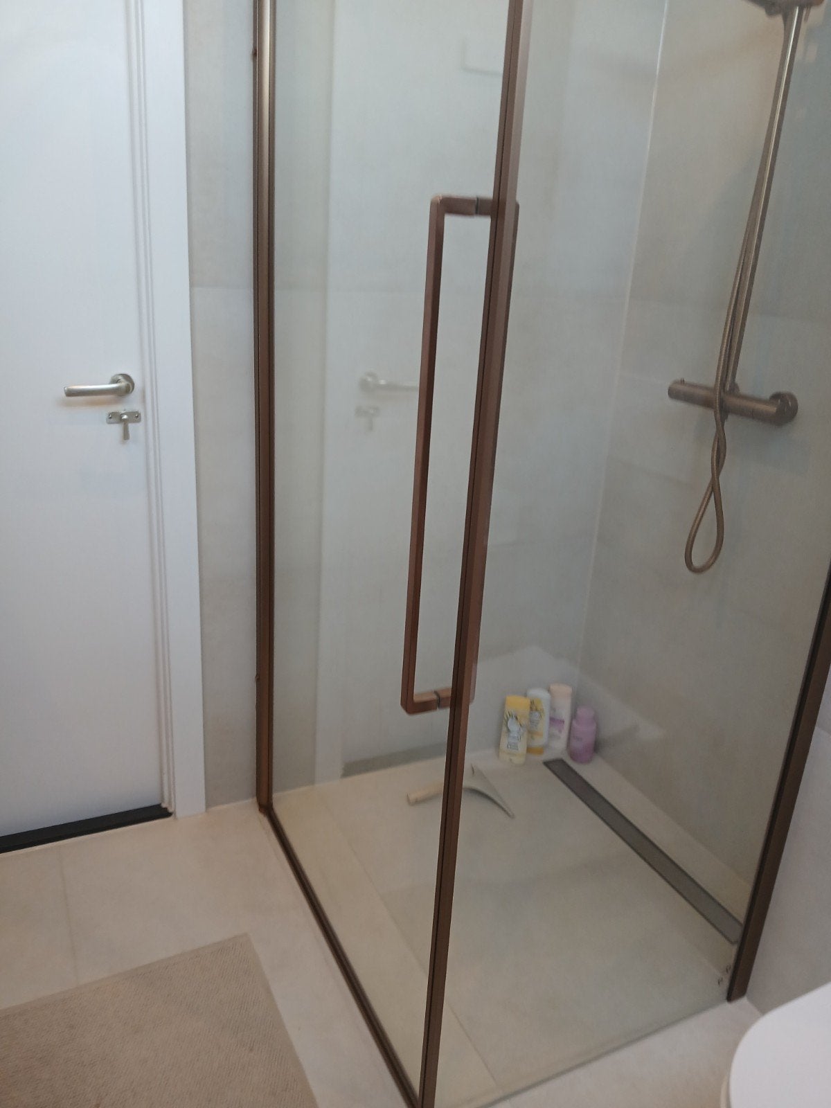 Nieuwe douchedeur glas en geborsteld koper., Ophalen, Nieuw
