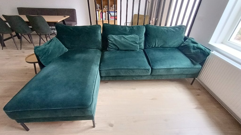 Trendy hoekbank velours, Ophalen, 250 tot 300 cm, Hoekbank, Zo goed als nieuw