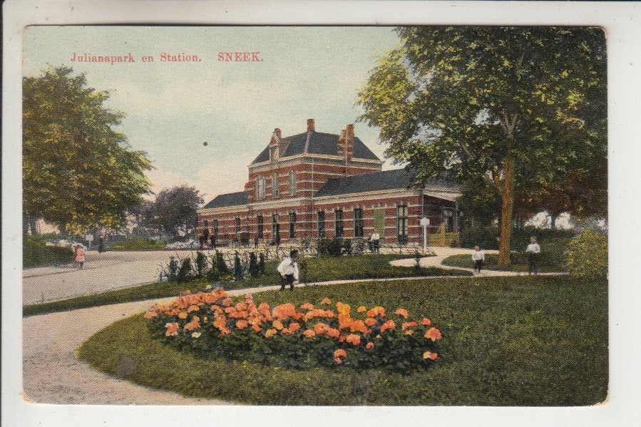 Sneek, Julianapark en Station, Verzamelen, Ansichtkaarten | Nederland, Ophalen of Verzenden, Voor 1920, Gelopen, Friesland