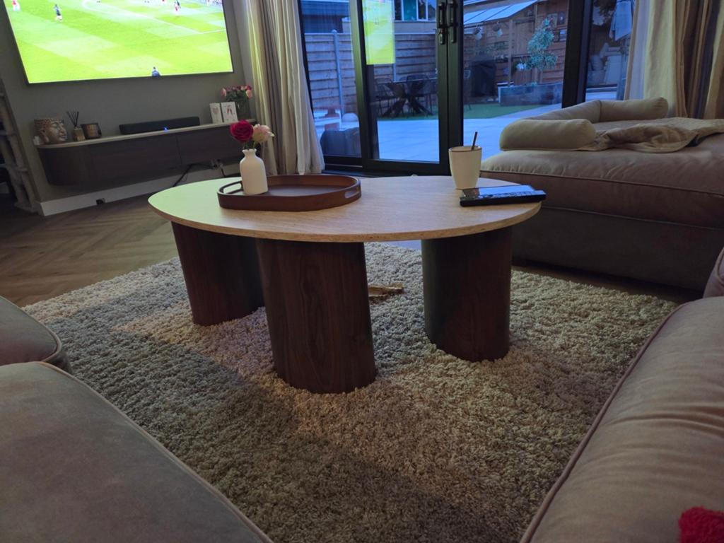 Stijlvolle salontafel walnoot & travertinelook (120x60x45cm), Huis en Inrichting, Tafels | Salontafels, Overige materialen, 100 tot 150 cm