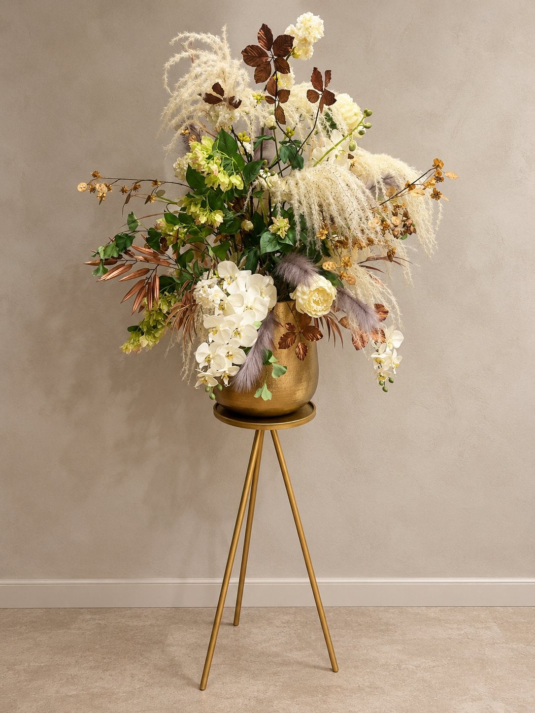 Luxe zijden bloemstuk met gouden vaas en standaard – 220 cm, Ophalen, Zo goed als nieuw