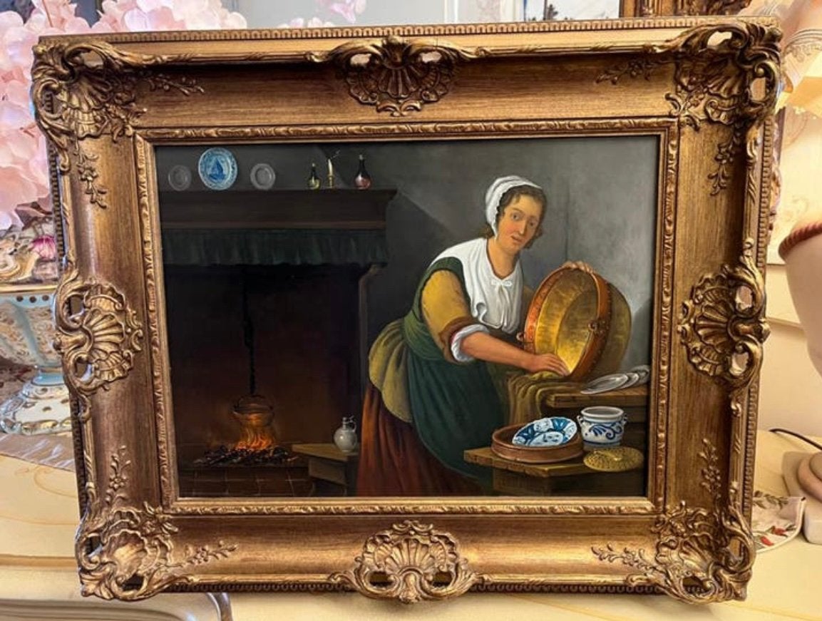 Prachtige olieverf schilderij boerin in de keuken, Antiek en Kunst, Kunst | Schilderijen | Klassiek, Ophalen of Verzenden