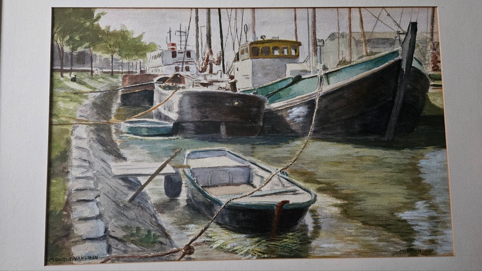 Aquarel Haven Muiden door Monique Vanstaen (1979), Antiek en Kunst, Kunst | Schilderijen | Klassiek, Maritiem / water, Nederlandse school