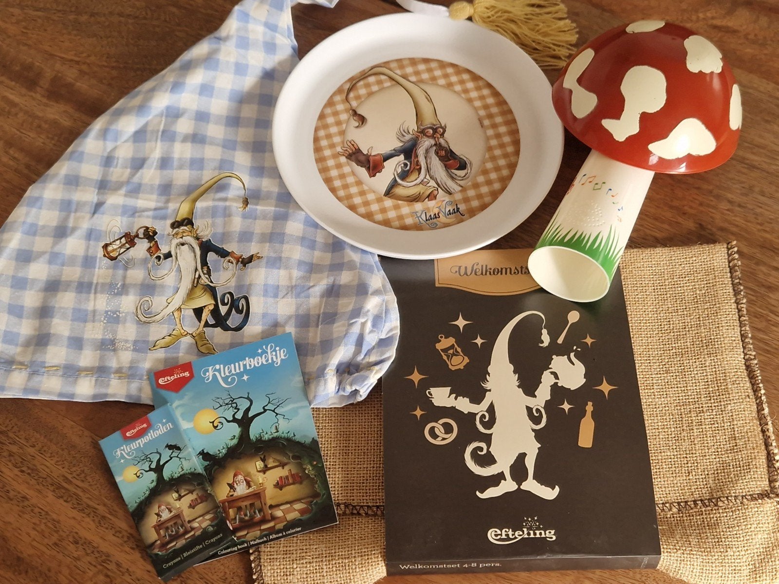 Efteling Klaas Vaak set: paddestoel, bord, muts, kleurboek, Ophalen of Verzenden