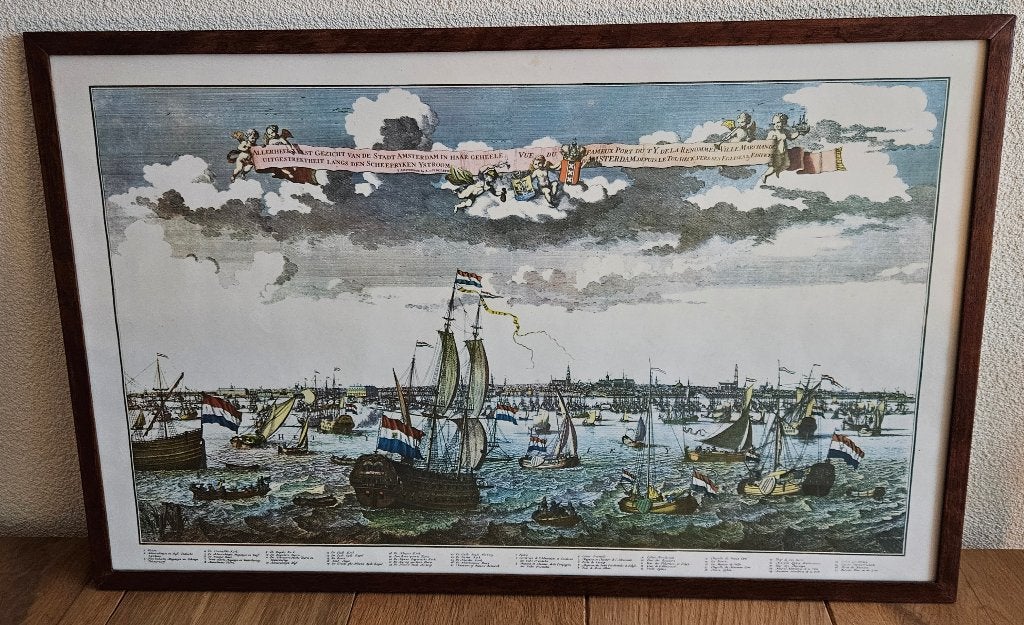 Haven Amsterdam prent'Gezicht op het IJ'mooi ingelijst 67x43, Verzamelen, Foto's en Prenten, Ophalen, Zo goed als nieuw, Voor 1940