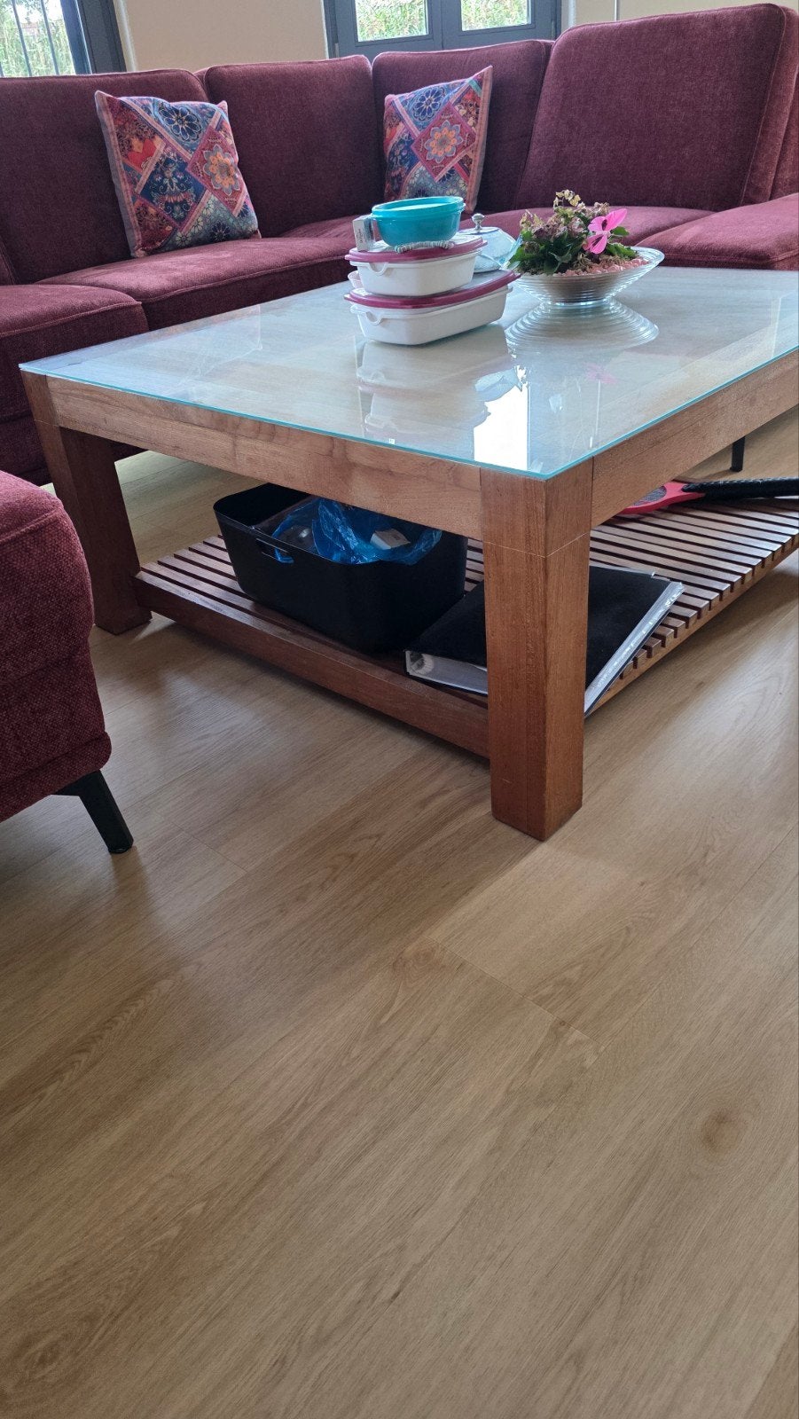 Salontafel Teak 100x100 cm met Glasplaat, Ophalen, Gebruikt, Glas, Vierkant