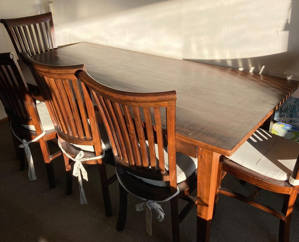 Teakhouten tafel met 6 stoelen, Ophalen, Gebruikt, Rechthoekig, 50 tot 100 cm