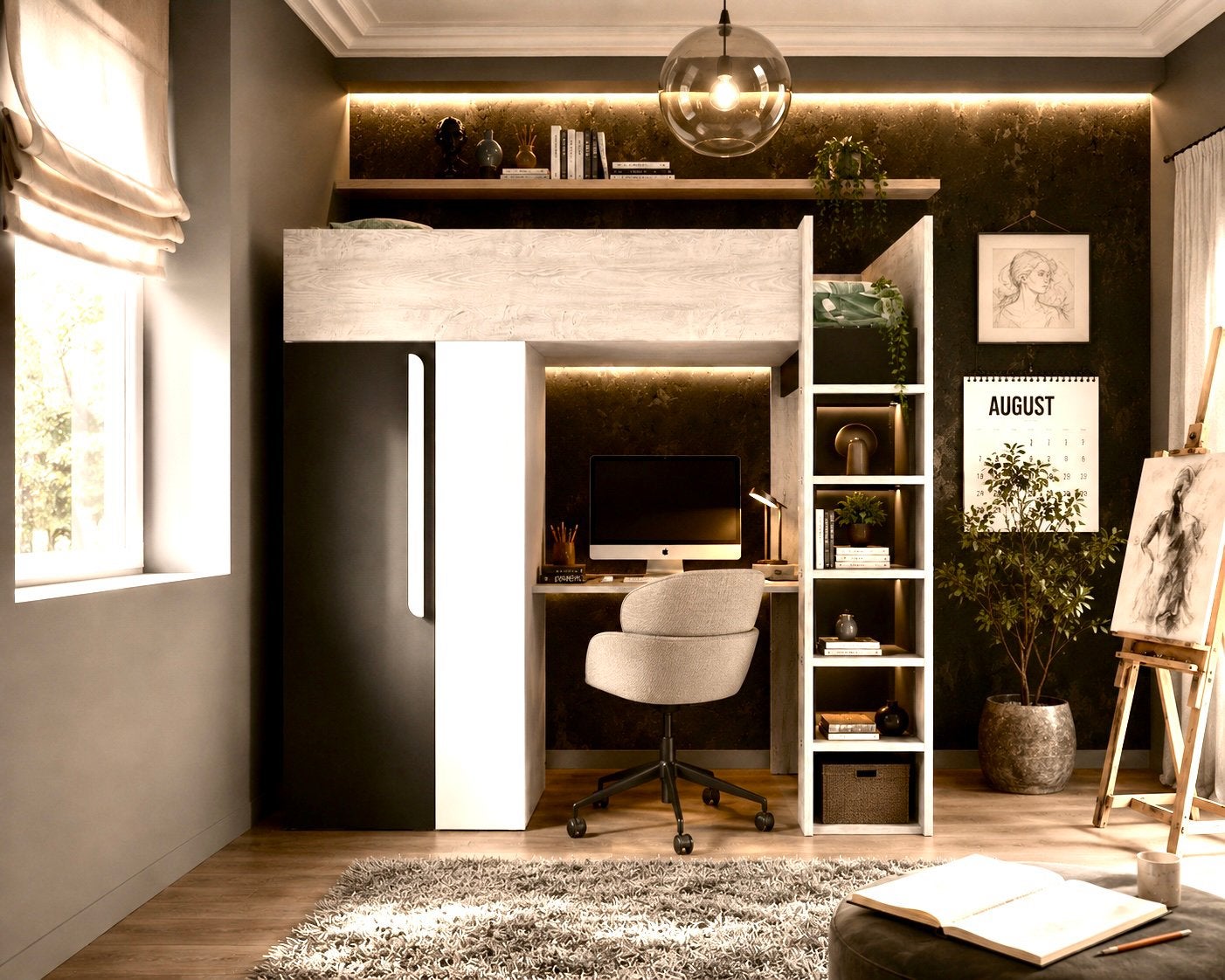 Trasman Studio Hoogslaper met bureau en inloopkast, Ophalen, Gebruikt, Eenpersoons, 90 cm