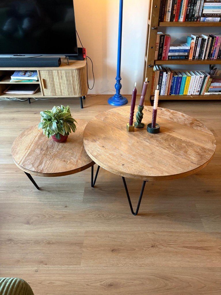 Set van 2 ronde houten salontafels, Ophalen, 50 tot 100 cm, Rond, 50 tot 100 cm
