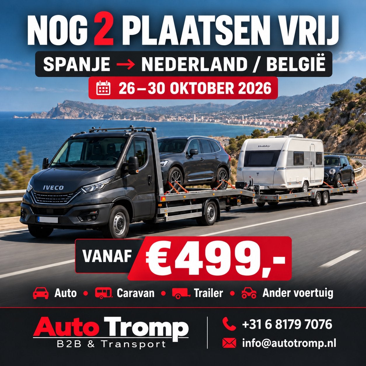 Caravan transport Spanje > Nederland | €499 | 2 plekken vrij, Chauffeursdiensten