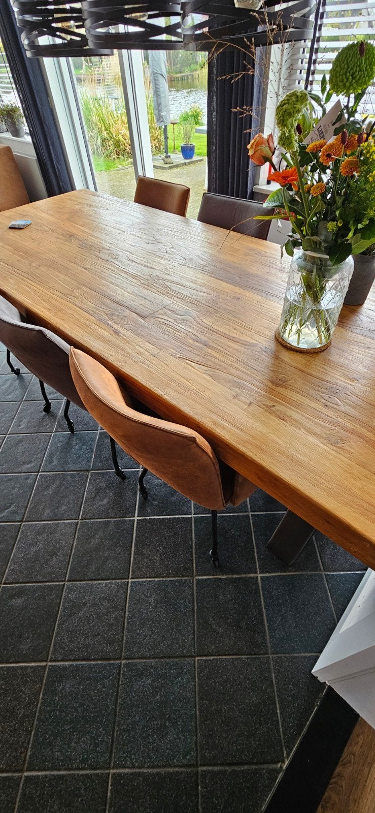 Mooie grote en zware robuuste teak houten eettafel 250x105, Ophalen, 100 tot 150 cm, Teakhout, 200 cm of meer