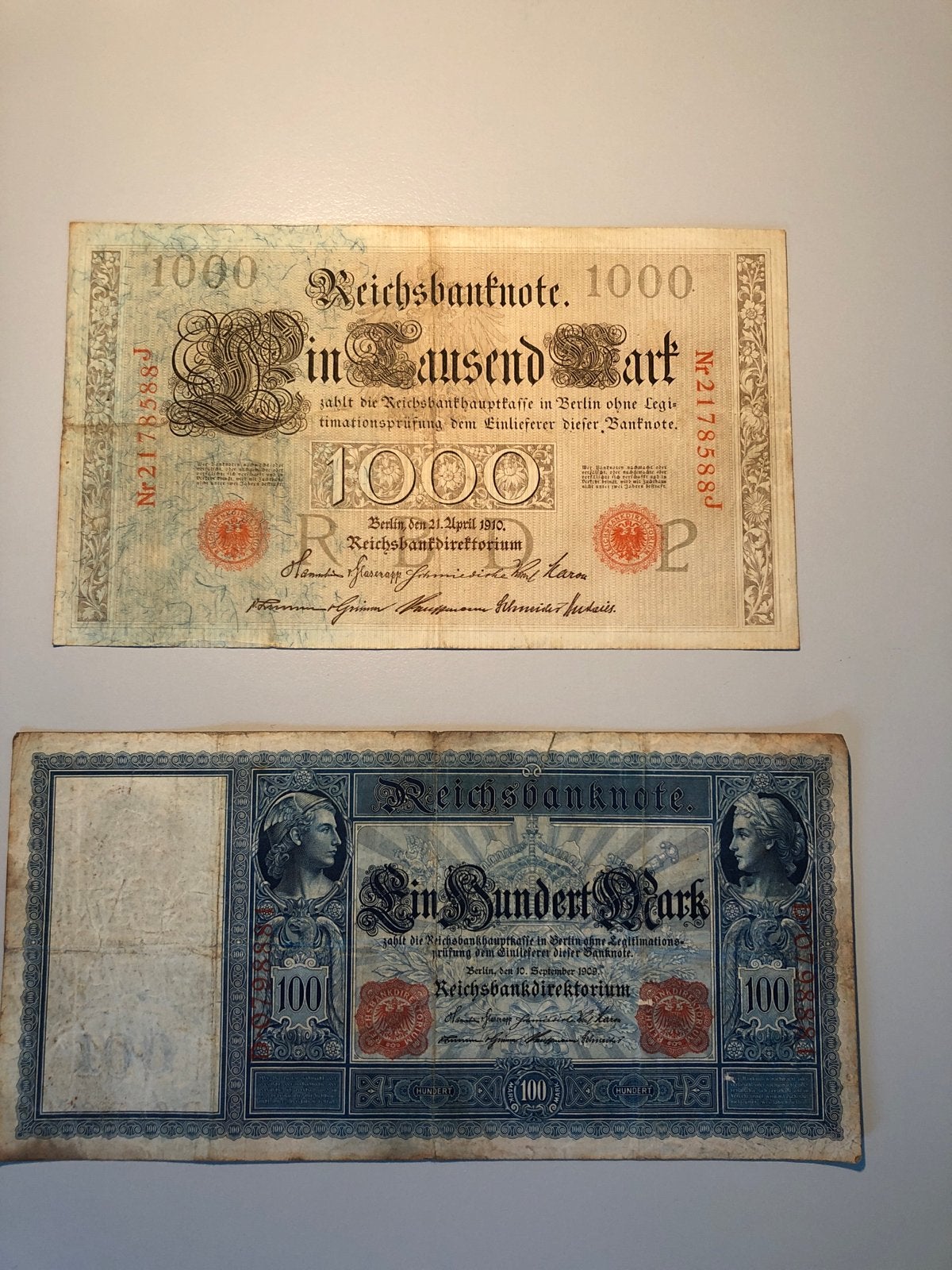 Historische Duitse bankbiljetten: 1000 en 100 Mark, Ophalen of Verzenden, Duitsland, Setje