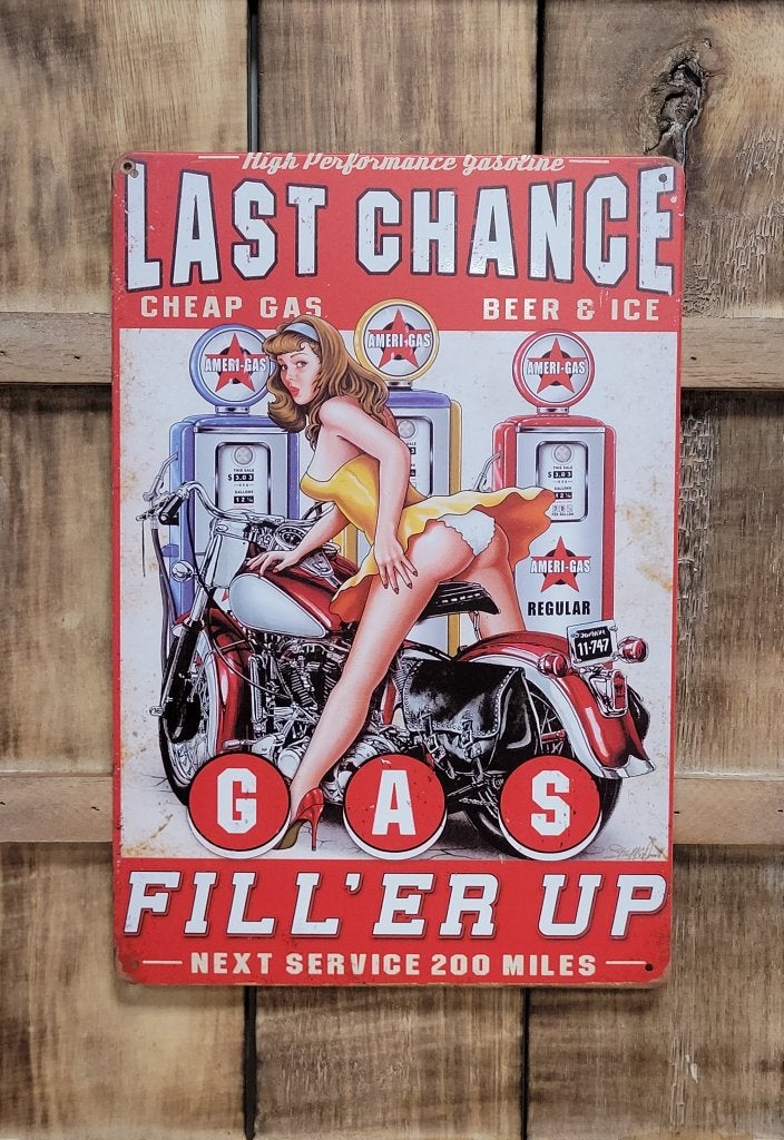 Last chance pinup benzinepomp reclamebord van metaal deco, Info@deconoord.nl, Deco Noord, Nieuw, Ophalen of Verzenden