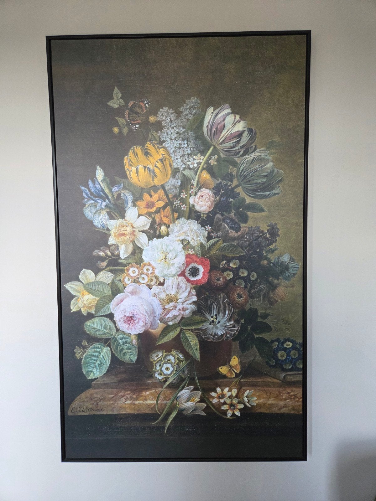 Groot Schilderij: Klassiek Bloemen Stilleven met Vlinders, Doek, Olieverf, Klassiek, Ingelijst