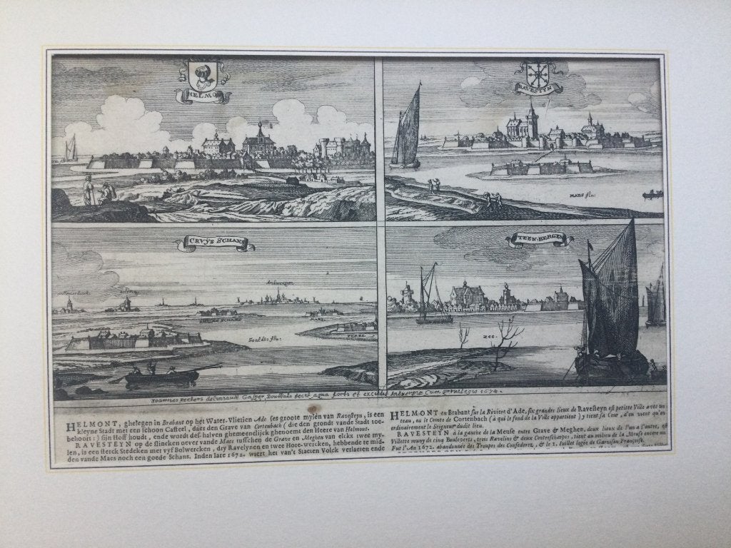 Helmond, Ravenstein, Steenbergen en Lillo, aanzicht, 1674., Antiek en Kunst, Stadsgezicht, 19 cm, 1600 - 1699, Met tekst