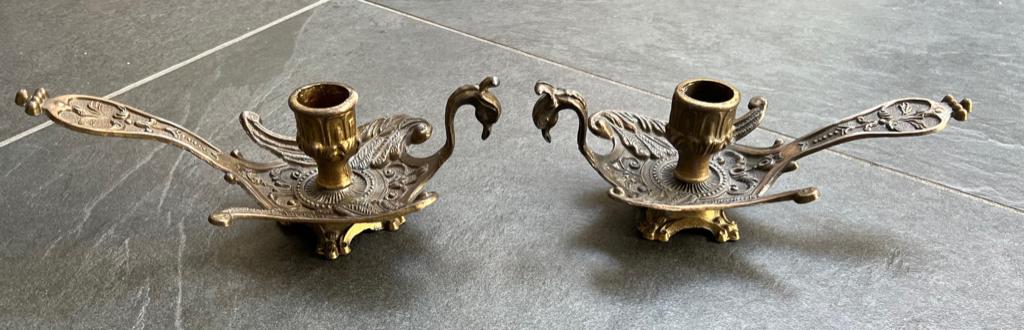 Chinese messing pauw kandelaar 2 stuks set chinees vintage, Verburgt Vintage, Gebruikt, Ophalen of Verzenden, https://verburgtvintage.nl/#contact