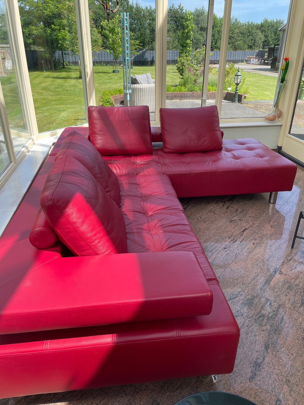 Leren hoekbank van Montèl - Rood, Ophalen, 250 tot 300 cm, 100 tot 125 cm, Hoekbank