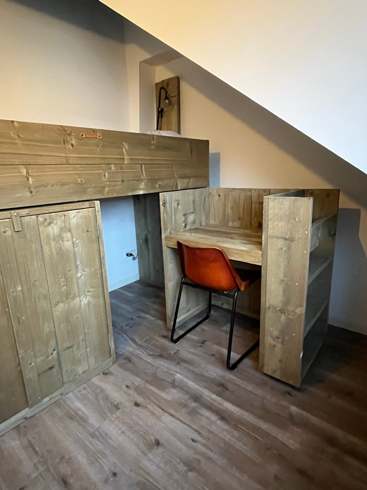 Steigerhouten Hoogslaper met kast en bureau (te verrijden), Ophalen, Gebruikt, Eenpersoons, 200 cm