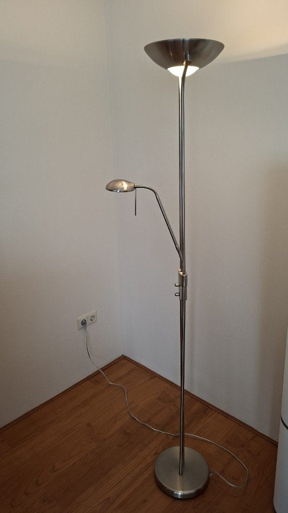 Staande stalen vloerlamp en leeslamp, Huis en Inrichting, Lampen | Vloerlampen, Ophalen, Zo goed als nieuw, Metaal, Modern