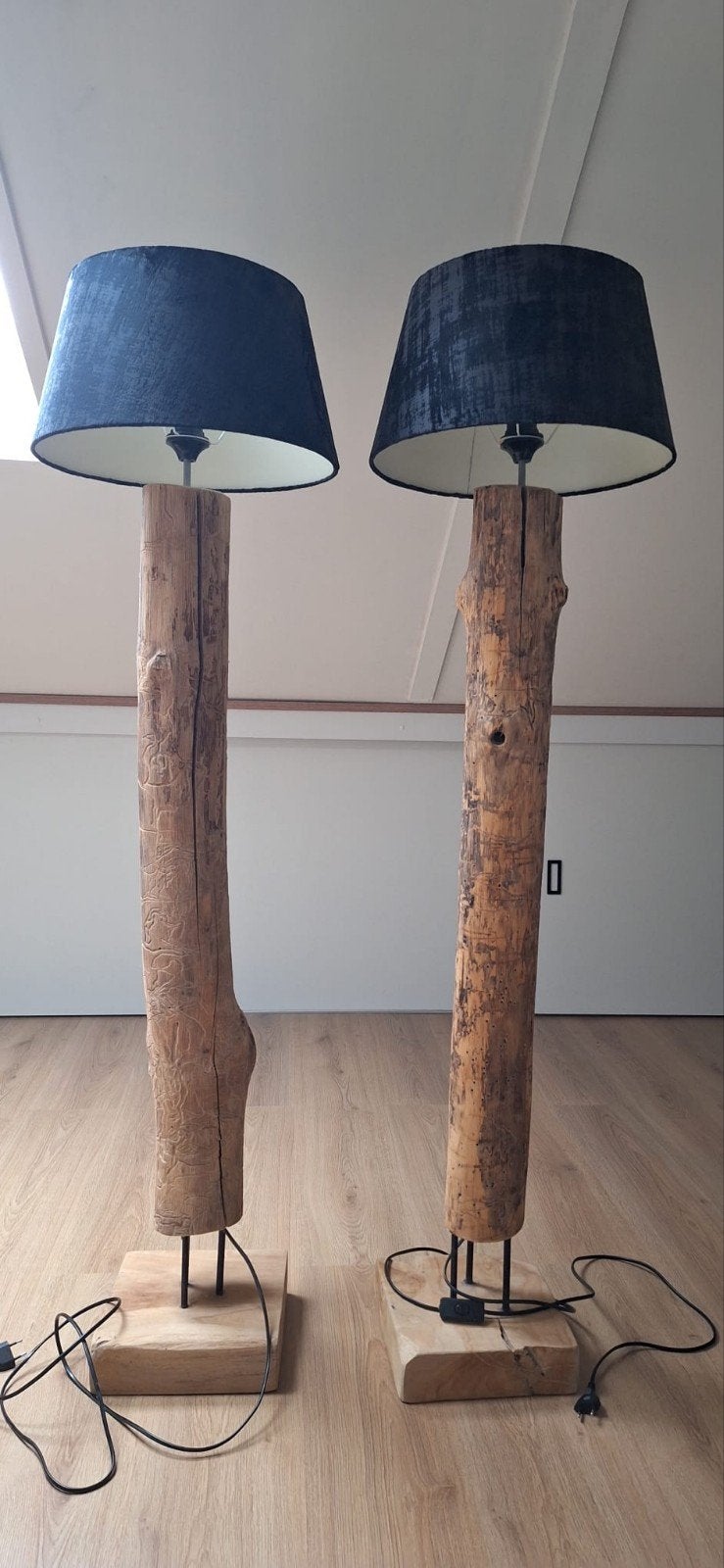 Set van 2 unieke staande schemerlampen van boomstam, Huis en Inrichting, Ophalen, Gebruikt, Hout, 100 tot 150 cm