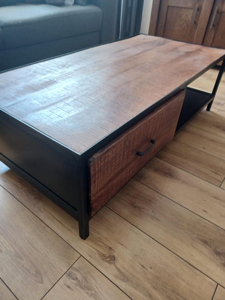 Mango houten salontafel en kast met metaal, 100 tot 150 cm, 50 tot 100 cm, Zo goed als nieuw, Minder dan 50 cm