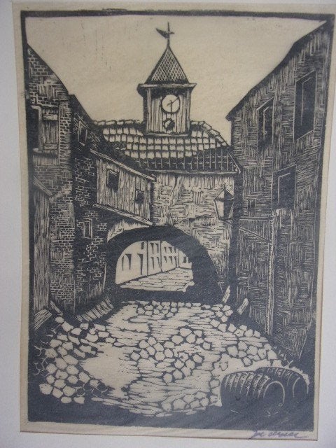Beer, Jac. de - Poortje met klok Houtsnede, Antiek en Kunst, Origineel, 30 cm, Stadsgezicht, 22 cm